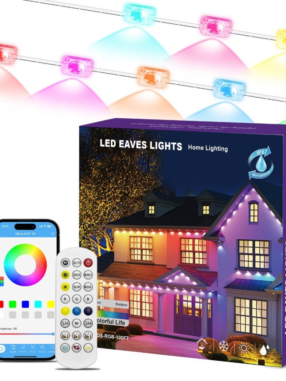 MW 100ft Permanent Outdoor Lights RGB+IC Smart Eave Roof Lights App Control